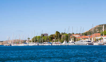 View of ship, boat, sea, coastline, summer landscape.