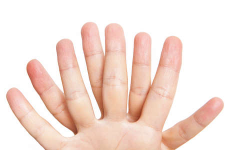 Woman hand showing on white background.
