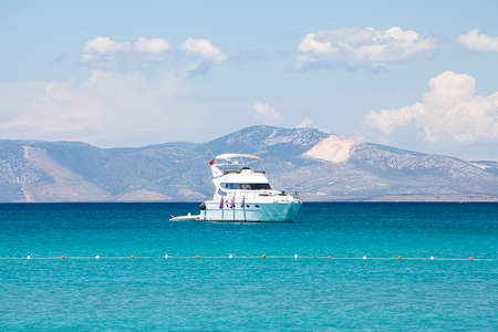 View of ship, boat, sea, coastline, summer landscape.の写真素材