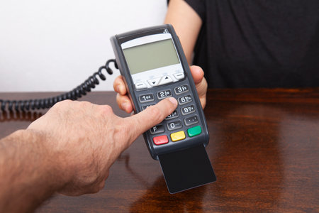 Contactless payment by credit card. POS terminal NFC payment. Concept of how to choose payment...
