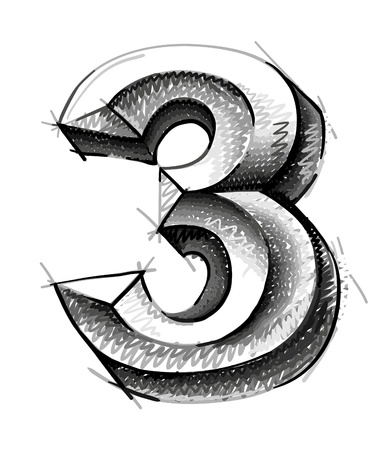 sketch numerals, hand drawn number three のイラスト素材