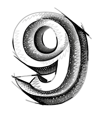 sketch numerals, hand drawn number nine のイラスト素材