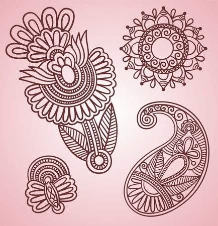 Hand-Drawn Henna Mehndi Tattoo Flowers and Paisley Doodle Vector Illustration Design Elements のイラスト素材