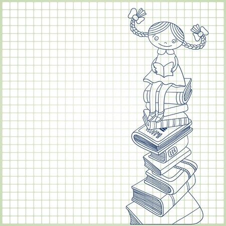 Sketchy vector of schoolgirl sitting on the heap of books and reading one of them on paper in a cell background with place for your text のイラスト素材