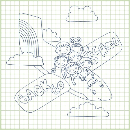 Sketchy vector group of schoolchildren fly in an airplane with text back to school.のイラスト素材