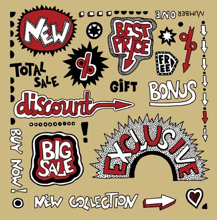 Set of hand draw discount sale stickers and tags のイラスト素材