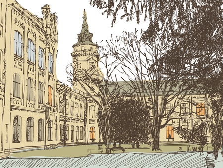 old building town sketch. Digital drawing freehand.のイラスト素材