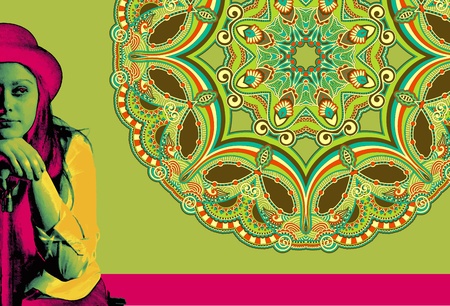 Beautiful brunet in a hat on green background のイラスト素材