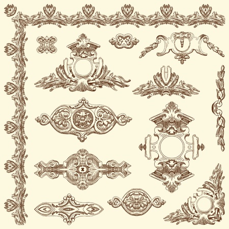 hand draw vintage sketch ornamental design element of Lviv historical building, Ukraine  Vector set  calligraphic design elements and page decoration のイラスト素材
