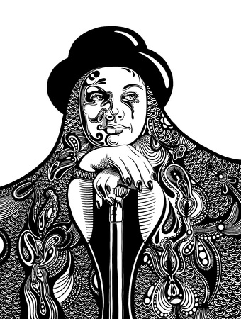 black and white artistic digital drawing of young witch in a hat and with a vintage walking stickのイラスト素材