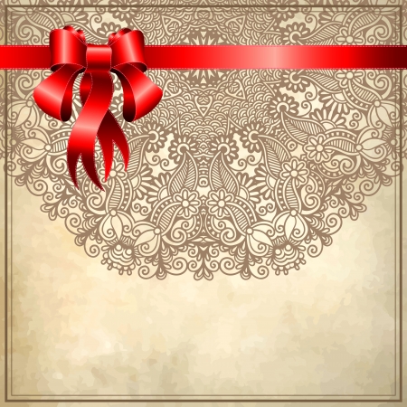 Holiday background with red ribbon and floral ornament on grunge backgroundのイラスト素材