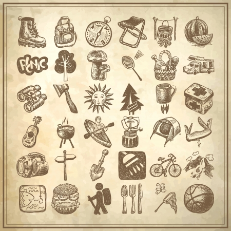 sketch doodle icon collection, picnic, travel and camping theme on grunge backgroundのイラスト素材