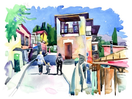original watercolor painting on paper of old street in Gurzuf, Crimea, Ukraine, plein air paintingの写真素材
