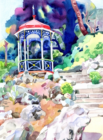 original watercolor painting on paper of arbour in Nikita botanical gardens, Crimea, Ukraine, plein air paintingの写真素材