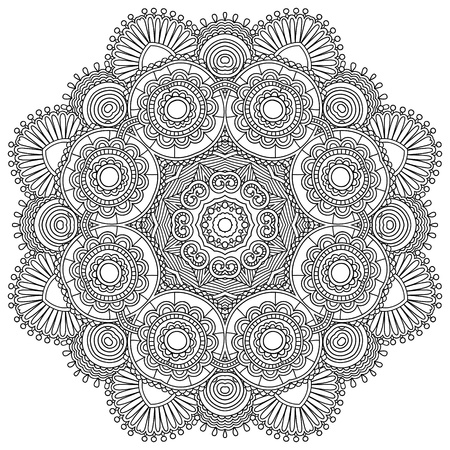Circle lace black and white ornament, round ornamental geometric doily patternのイラスト素材