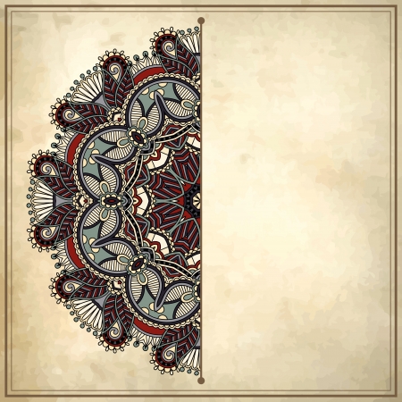 flower circle design on grunge background with lace ornament. Ukrainian pattern on old paper vintage backgroundのイラスト素材