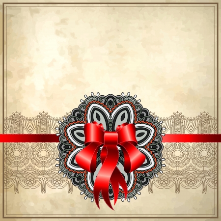 Holiday background with red ribbon and floral ornament on grunge backgroundのイラスト素材