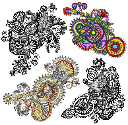 original hand draw line art ornate flower design. Ukrainian traditional style. Vector setのイラスト素材