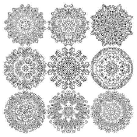 Circle lace ornament, round ornamental geometric doily pattern, black and white collectionのイラスト素材