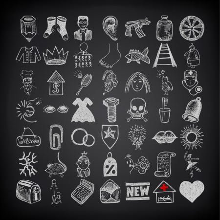 49 hand drawing doodle icon set on black backgroundのイラスト素材