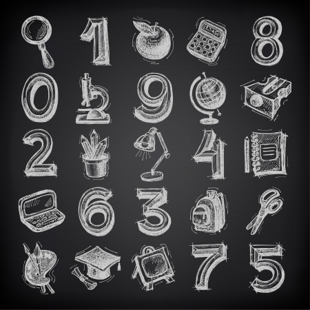 25 sketch education icons, numbers and objects on black backgroundのイラスト素材