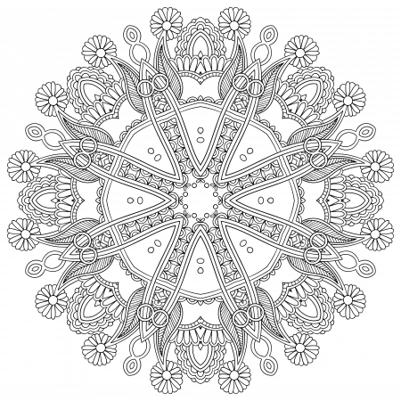 Circle lace ornament, round ornamental geometric doily pattern, black and white collectionのイラスト素材