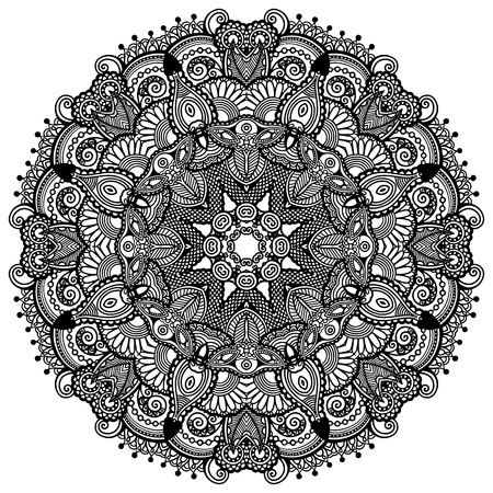 Circle lace ornament, round ornamental geometric doily pattern, black and white collectionのイラスト素材