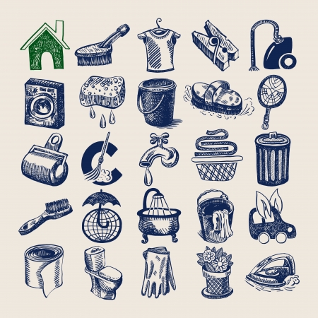 25 hand drawing doodle icon set, cleaning and hygiene serviceのイラスト素材