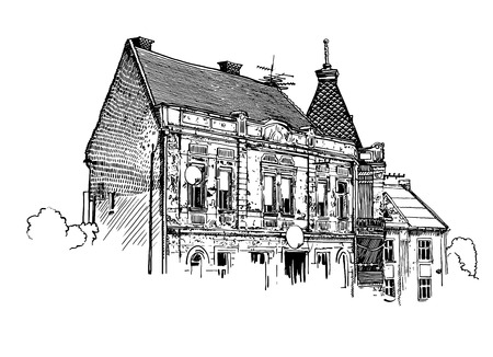 digital sketch vector black and white illustration of Uzhgorod cityscape, Ukraineのイラスト素材