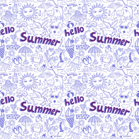 seamless pattern with sketch drawing summer vacation element and lettering Hello Summer, vector illustrationのイラスト素材