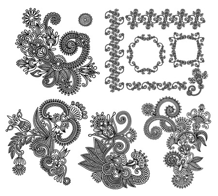 black line art ornate flower design collection, ukrainian ethnic styleのイラスト素材