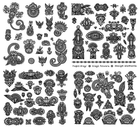 black line art ornate flower design collection, ukrainian ethnic styleのイラスト素材