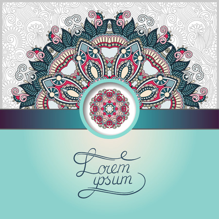 floral round pattern in ukrainian oriental ethnic style for your greeting card or invitation, template frame design for card, vintage lace doily, illustrationのイラスト素材