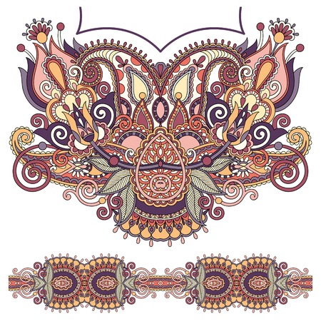 Neckline ornate floral paisley embroidery fashion design, ukrainian ethnic style. Good design for print clothes or shirtのイラスト素材