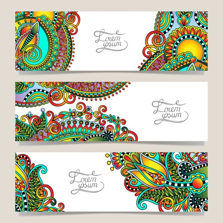Set of three horizontal banners with decorative ornamental flowers, floral pattern in oriental style, paisley background, vector illustrationのイラスト素材