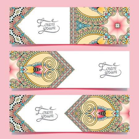 Set of three horizontal banners with decorative ornamental flowers, floral pattern in oriental style, paisley background, vector illustrationのイラスト素材