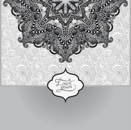 grey islamic vintage floral pattern, template frame for greeting card or wedding invitation in east style with place for your text, black and white vector illustrationのイラスト素材