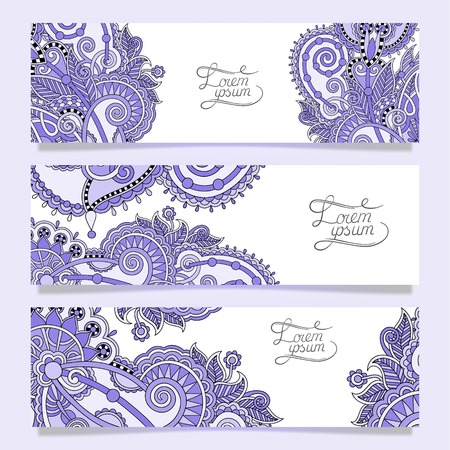 Set of three horizontal banners with decorative ornamental flowers, floral pattern in oriental style, paisley background, vector illustrationのイラスト素材