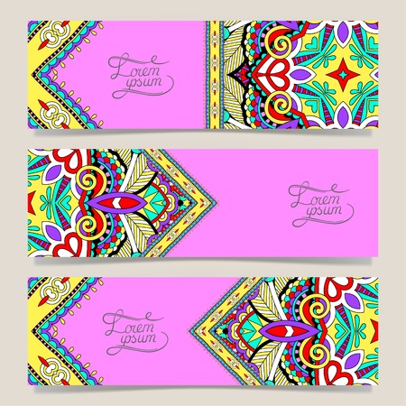 Set of three horizontal banners with decorative ornamental flowers, floral pattern in oriental style, paisley background, vector illustrationのイラスト素材