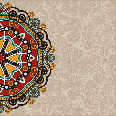 floral round pattern in ukrainian oriental ethnic style for your greeting card or invitation, template frame design for card, vintage lace doily, vector illustrationのイラスト素材