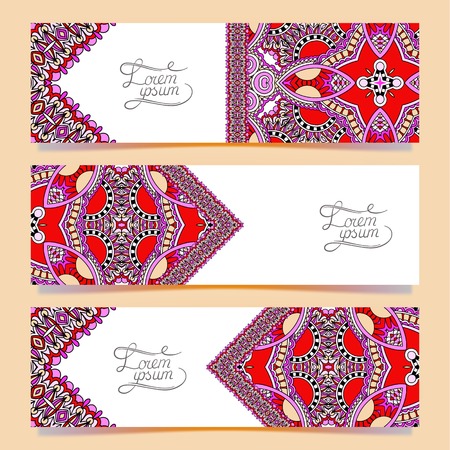 Set of three horizontal banners with decorative ornamental flowers, floral pattern in oriental style, paisley background, vector illustrationのイラスト素材
