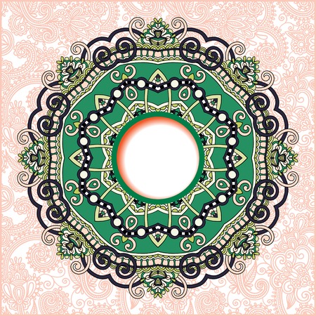 floral round pattern in ukrainian oriental ethnic style for your greeting card or invitation, template frame design for card, vintage lace doily, vector illustrationのイラスト素材