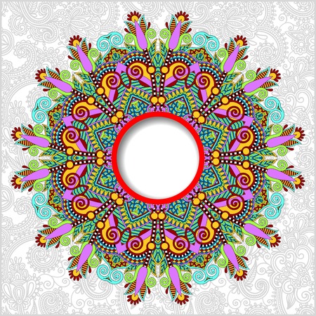 floral round pattern in ukrainian oriental ethnic style for your greeting card or invitation, template frame design for card, vintage lace doily, vector illustrationのイラスト素材