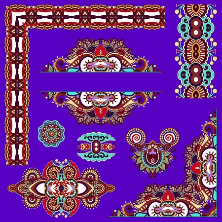 violet colour set of paisley floral design elements for page decoration, frame, corner, divider, circle snowflake, stripe pattern, vector illustrationのイラスト素材