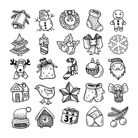 Set of black and white sketch drawing christmas doodle iconsのイラスト素材