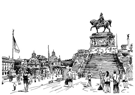 black and white sketch hand drawing of Rome Italy famous cityscape, travel card, vector illustrationのイラスト素材