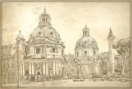 original digital drawing of Rome Italy cityscape for your travel card design on old paper background, basilica sketch, vector illustrationのイラスト素材