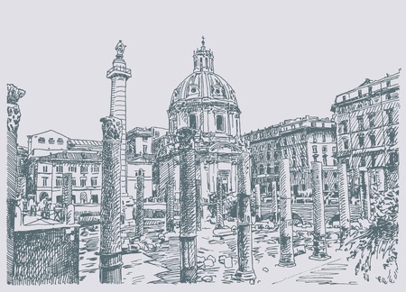 original sketch hand drawing of Rome Italy famous cityscape, travel card, vector illustrationのイラスト素材