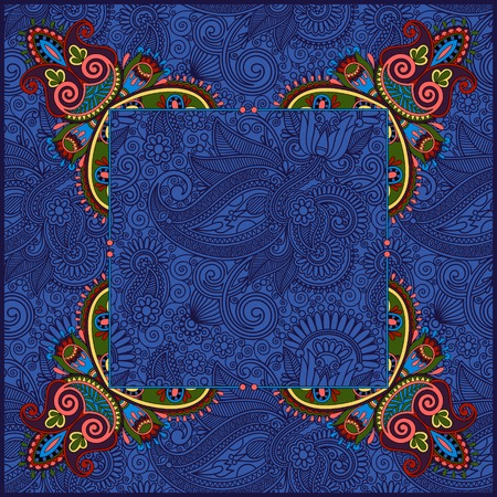 Illustration pour floral frame, ethnic ukrainian ornament on paisley background with place for your text in ultramarine color, vector illustration - image libre de droit