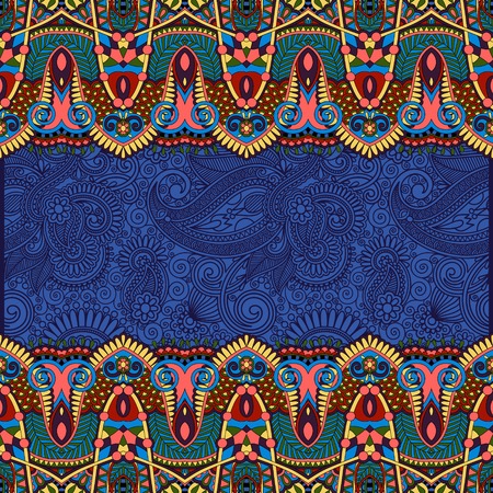 ornamental floral folkloric background for invitation, cover design, fabric pattern or page decoration, ethnic border on vintage flower background, ultramarine colorのイラスト素材